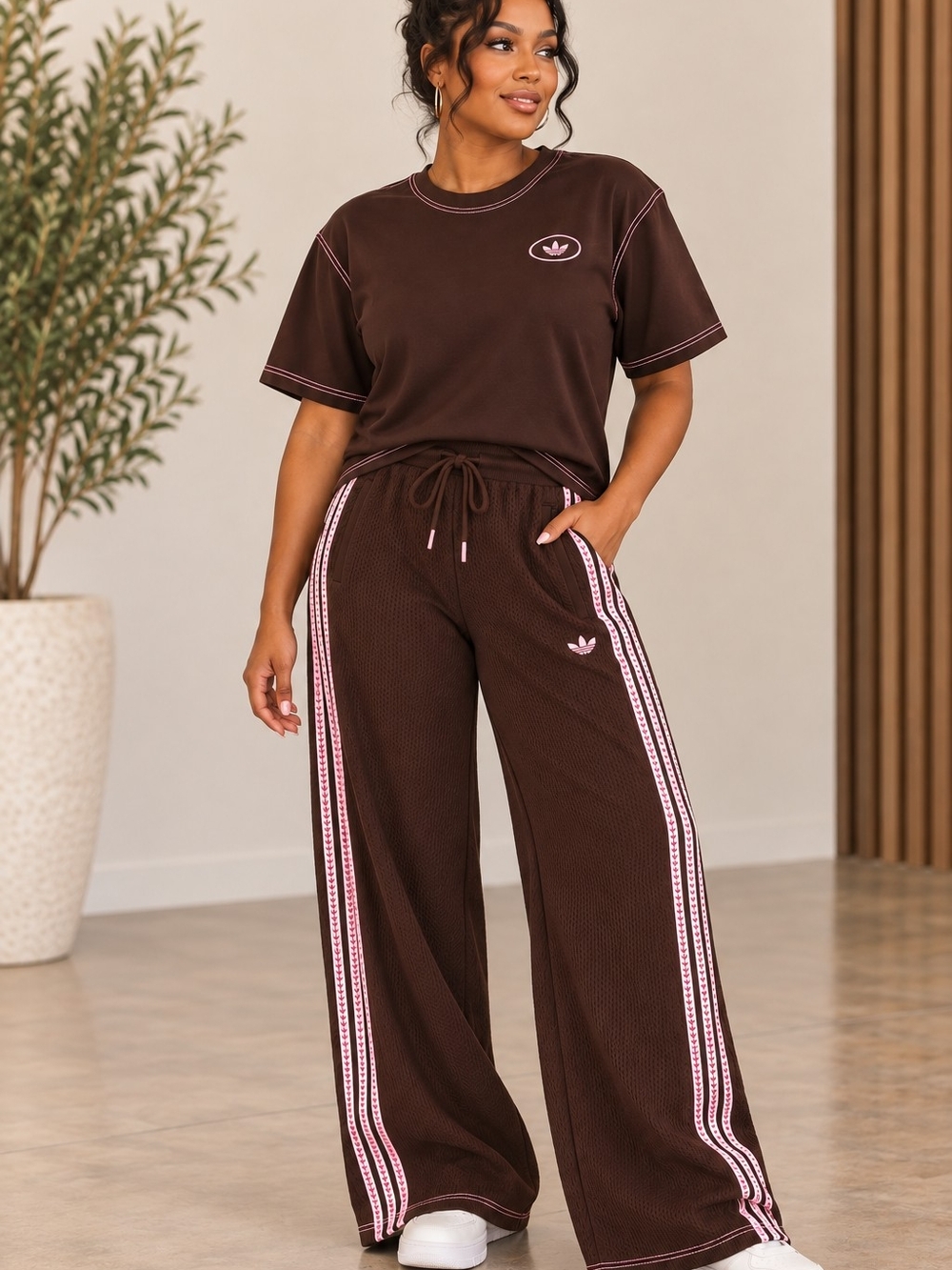adidas Brown Wide-Leg Track Pants with Pink Side Stripes